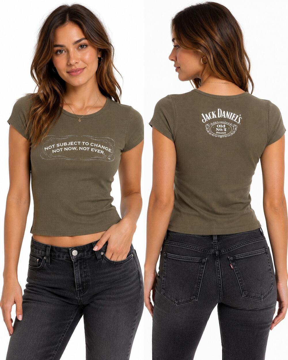 Jack Daniel's Women's Olive Ribbed Graphic Baby Tee "Not Subject to Change" XL
